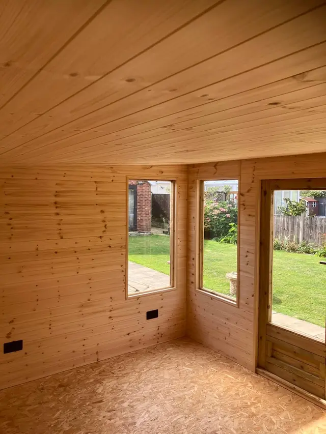 Inside a finished, clad garden room
