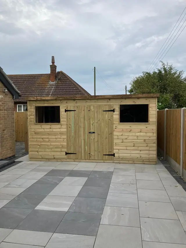 Double-door shed on a patio